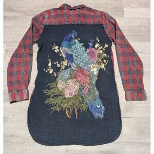 Aratta Silent Journey Plaid Top Women’s Sz Small Peacock Embroidered Tunic Shirt